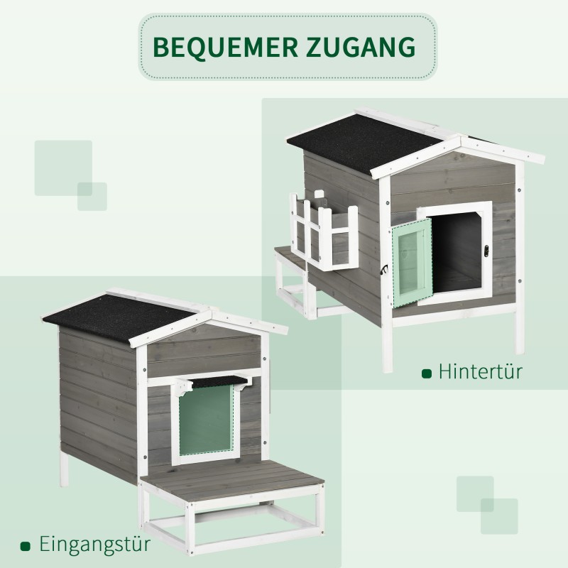 Ulkokäyttöön kissamökki kuusipuuta 115 x 66,5 x 74,7 cm harmaa-valkoinen, vesitiivis bitumikatto