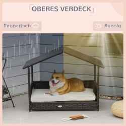 Koiran lepotaso katoksella ulkokäyttöön, rottinki ja teräs, pieni/keskikokoinen koira, 69 x 98 x 70 cm, kahvinruskea