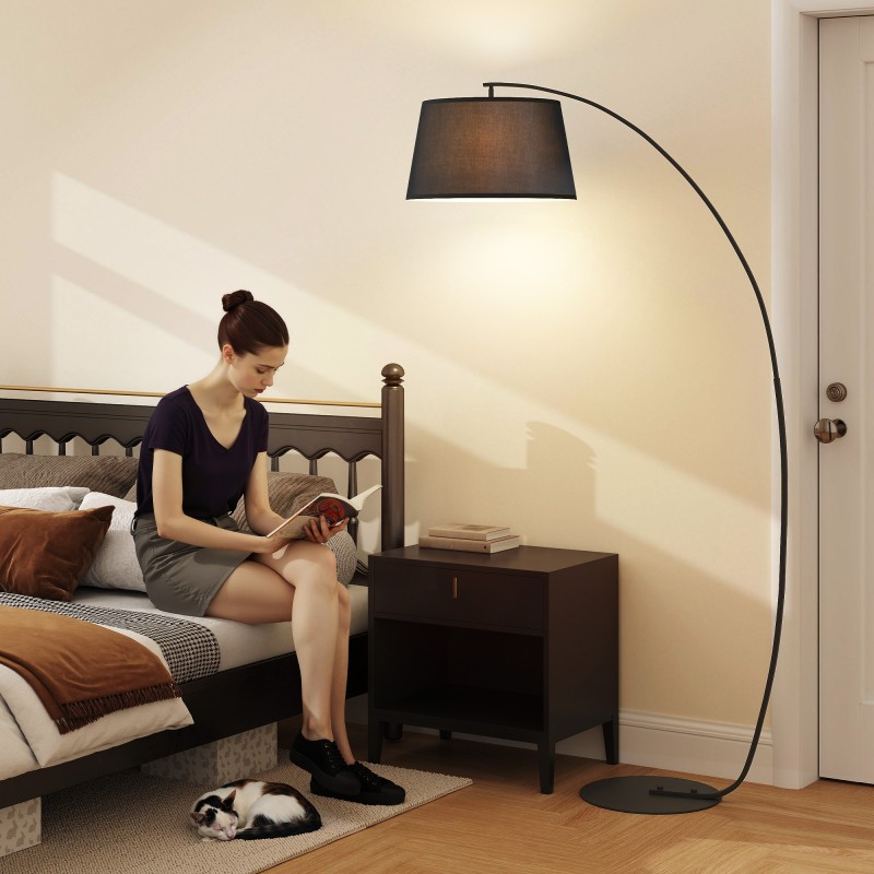 Lattiavalaisin kaareva metallirunko ja kangasvarjostin 105x47x190 cm musta