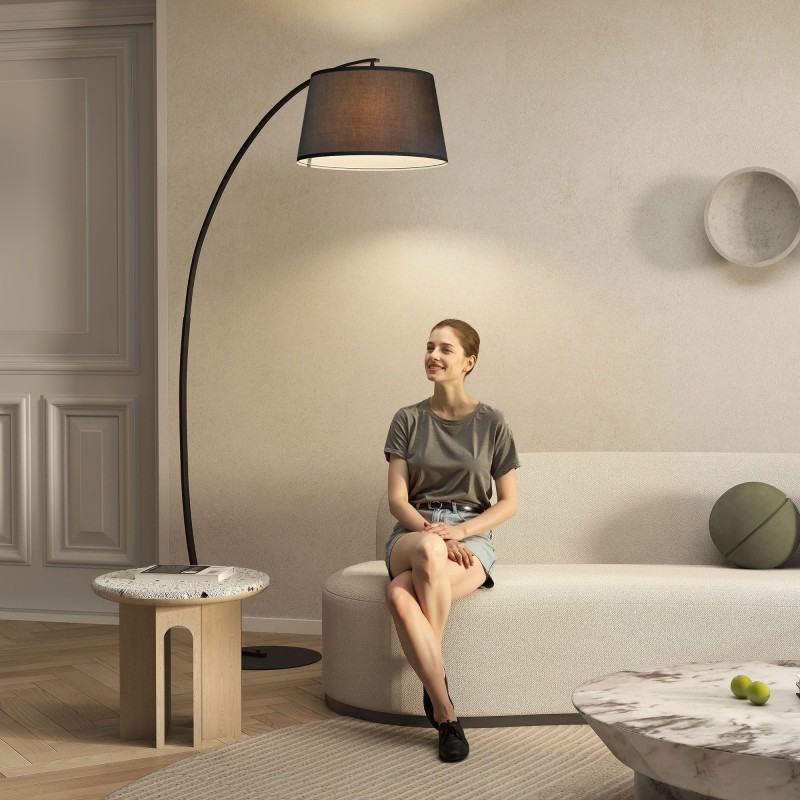 Lattiavalaisin kaareva metallirunko ja kangasvarjostin 105x47x190 cm musta