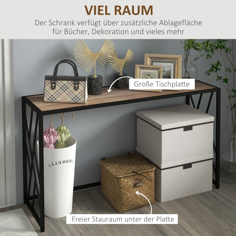 Konsolipöytä eteiseen, teollinen metallirunko ja puukansi, 120 x 35 x 75 cm, ruskea