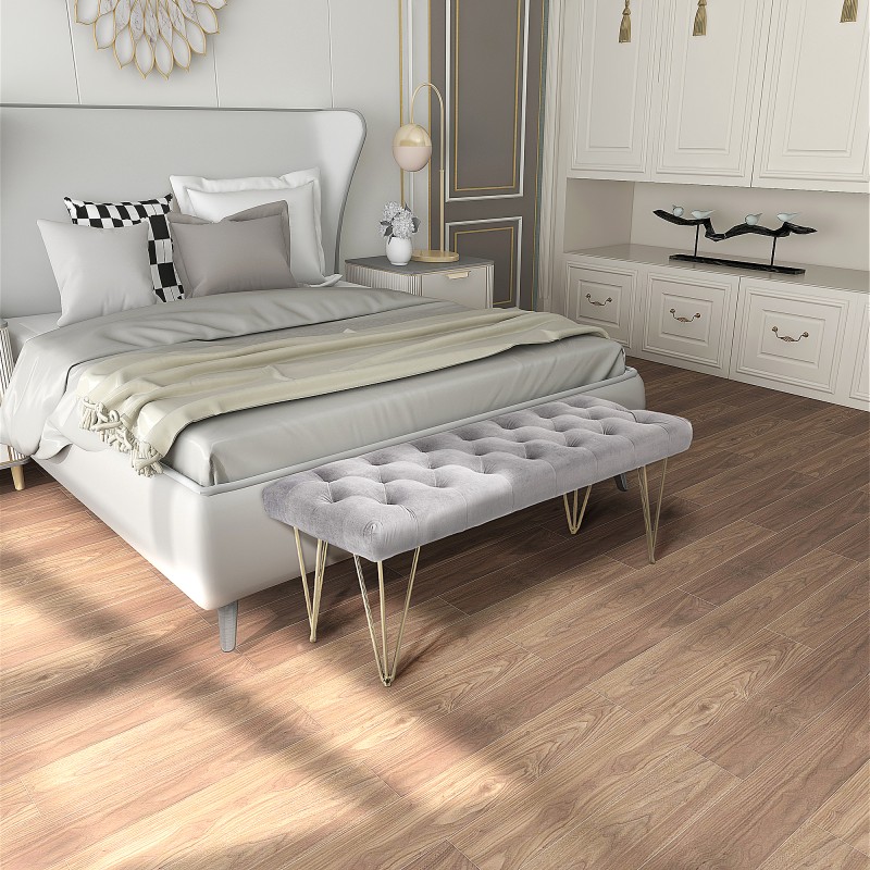 Samettipintainen penkki eteiseen ja makuuhuoneeseen, metalli, 116 x 44,5 x 49 cm, harmaa