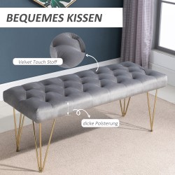 Samettipintainen penkki eteiseen ja makuuhuoneeseen, metalli, 116 x 44,5 x 49 cm, harmaa