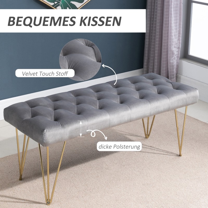 Samettipintainen penkki eteiseen ja makuuhuoneeseen, metalli, 116 x 44,5 x 49 cm, harmaa