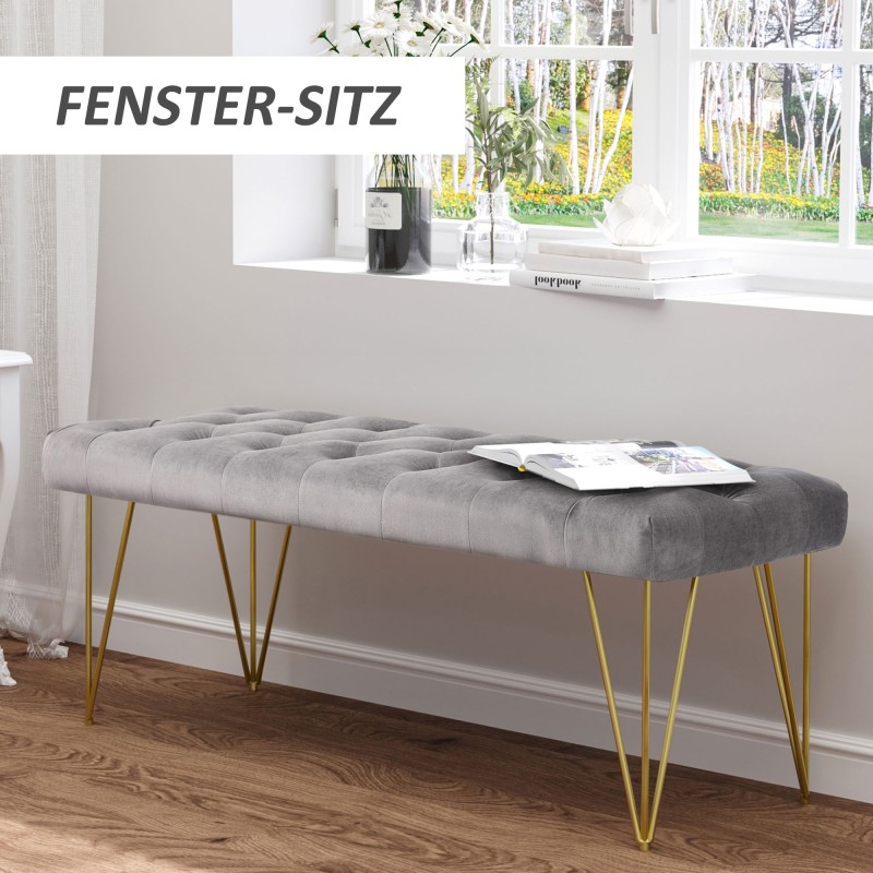 Samettipintainen penkki eteiseen ja makuuhuoneeseen, metalli, 116 x 44,5 x 49 cm, harmaa