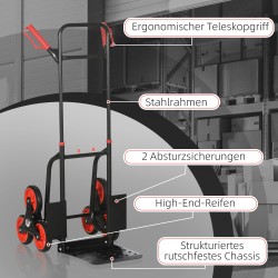 Portaikkokärry / portaisiin soveltuva taitettava kuljetusvaunu teräsrungolla 120 kg, musta-punainen