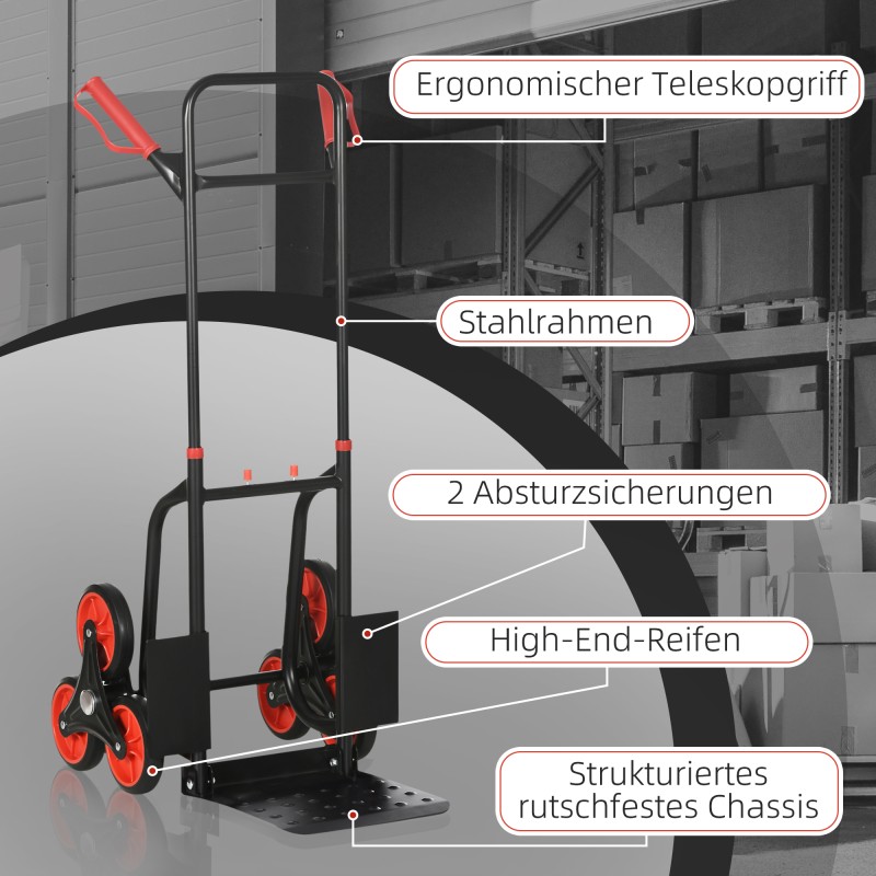 Portaikkokärry / portaisiin soveltuva taitettava kuljetusvaunu teräsrungolla 120 kg, musta-punainen