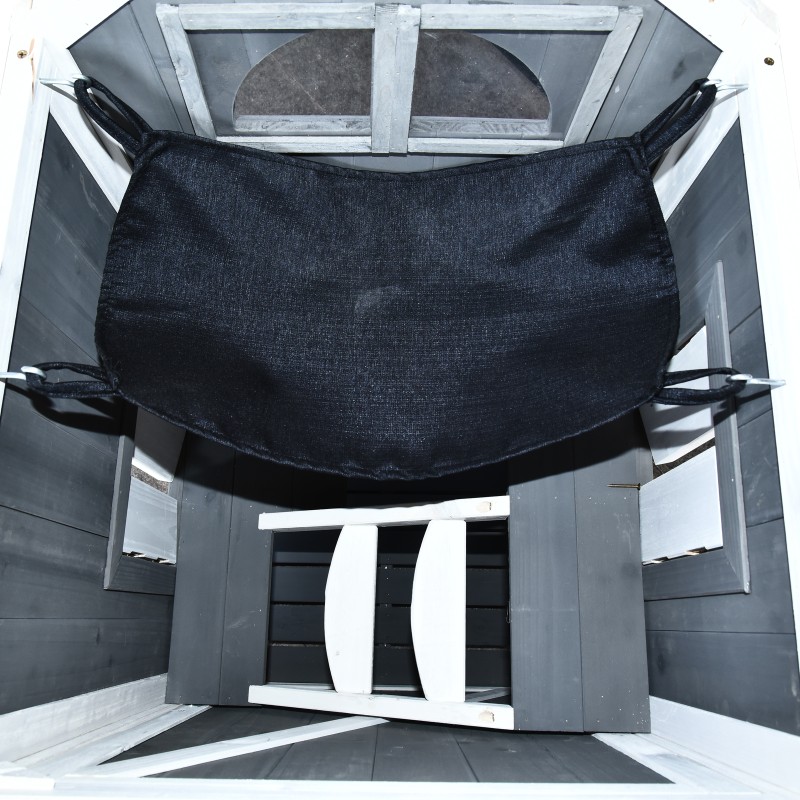 Kissatalo ulkokäyttöön, 2-kerroksinen kuusipuu, asfaltilla päällystetty katto, 59 x 55 x 109 cm, harmaa