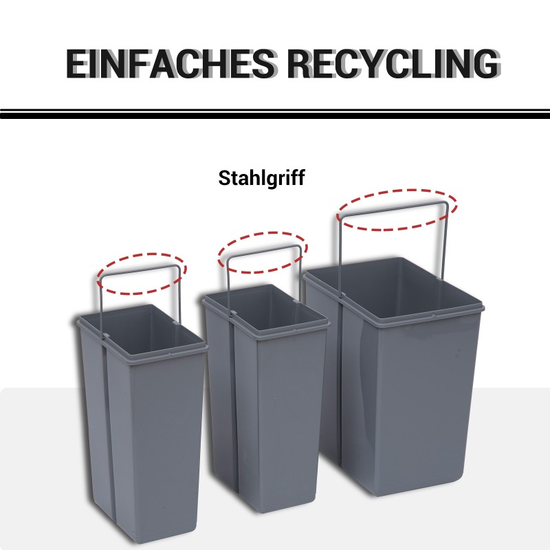 Kaappiin asennettava jätevaunu 3-osainen, ulosvedettävä lajitteluastia 40 l, harmaa