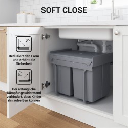 Kaappiin asennettava jätevaunu 3-osainen, ulosvedettävä lajitteluastia 40 l, harmaa