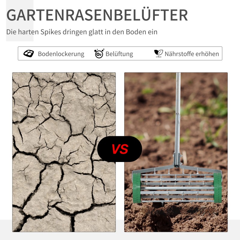 Nurmikon ilmaaja käsikäyttöinen, säädettävä varsi, sinkitty metalli, työleveys 42,5 cm, vihreä/hopea