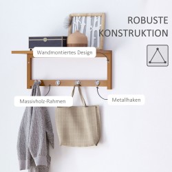 Seinänaulakko hyllyllä bambu 50 x 16 x 17,5 cm luonnonpuu, 4 koukkua, kantavuus 5 kg