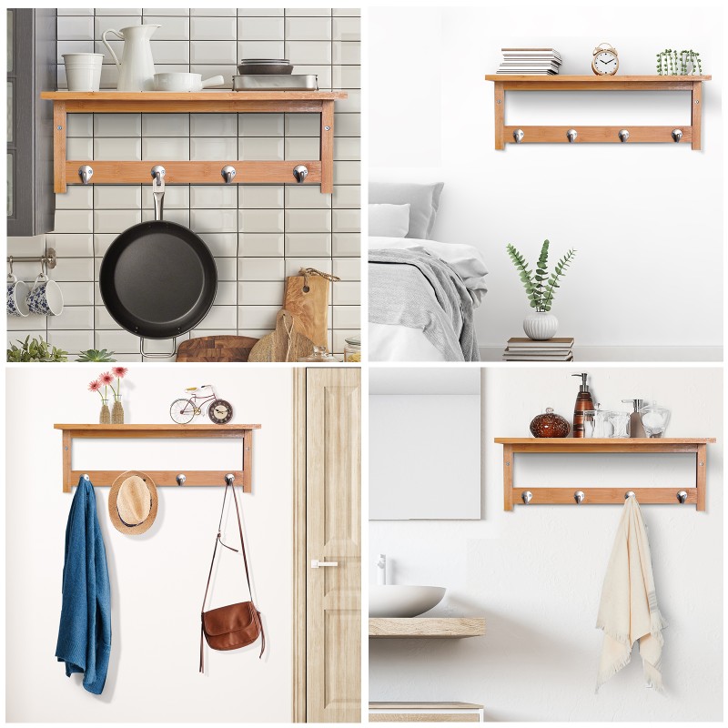 Seinänaulakko hyllyllä bambu 50 x 16 x 17,5 cm luonnonpuu, 4 koukkua, kantavuus 5 kg