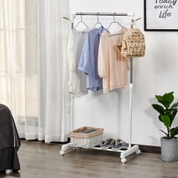 Vaaterekki pyörillä, korkeussäädettävä, alahyllyllä ja sivukoukuilla, teräs, hopea/valkoinen