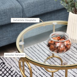 Sohvapöytäsarja 2 osaa, metallirunko ja karkaistu lasi, Ø41/36 x 57/51 cm, kulta