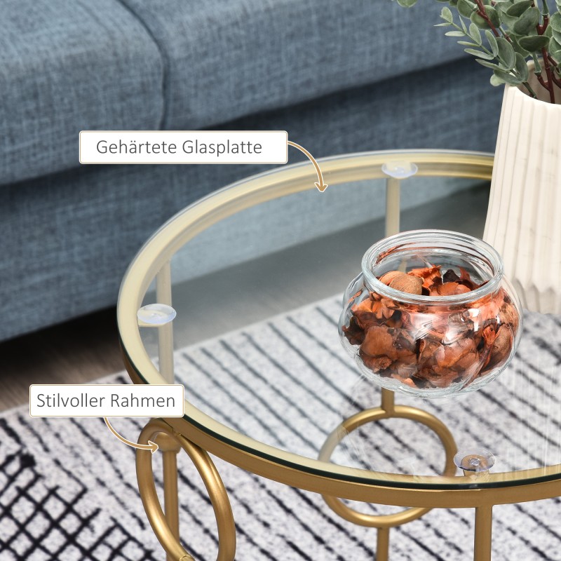 Sohvapöytäsarja 2 osaa, metallirunko ja karkaistu lasi, Ø41/36 x 57/51 cm, kulta