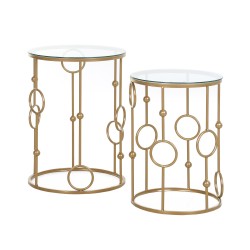 Sohvapöytäsarja 2 osaa, metallirunko ja karkaistu lasi, Ø41/36 x 57/51 cm, kulta