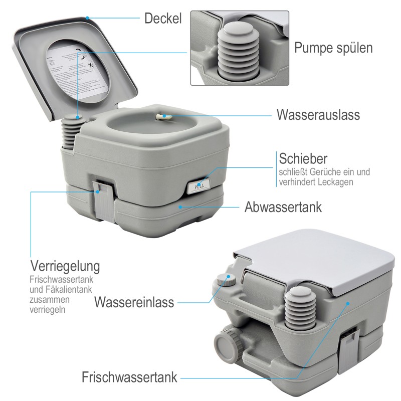 Kannettava kemiallinen wc ulkokäyttöön, PE-muovi, 10+10 L säiliöt, 36 x 42 x 30 cm, harmaa