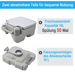 Kannettava kemiallinen wc ulkokäyttöön, PE-muovi, 10+10 L säiliöt, 36 x 42 x 30 cm, harmaa