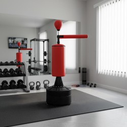 Seisova nyrkkeilysäkki säädettävä 155–205 cm 360° refleksivarsi ja nopeuspallo, hanskat ja pumppu, musta–punainen