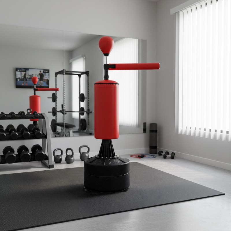 Seisova nyrkkeilysäkki säädettävä 155–205 cm 360° refleksivarsi ja nopeuspallo, hanskat ja pumppu, musta–punainen