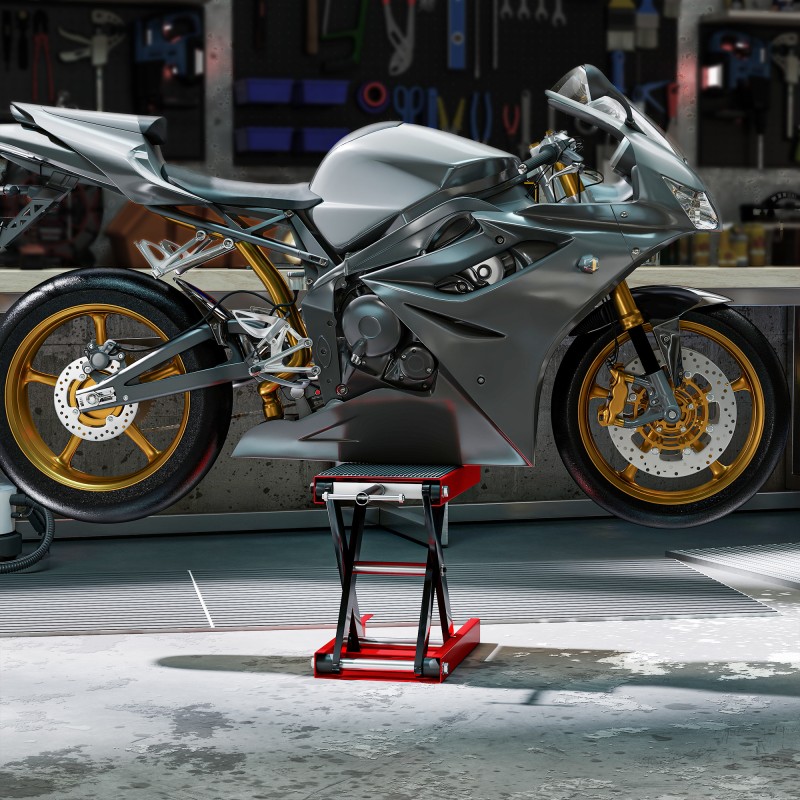 Moottoripyörän nostin saksimalli teräs 100–370 mm 500 kg punainen/musta