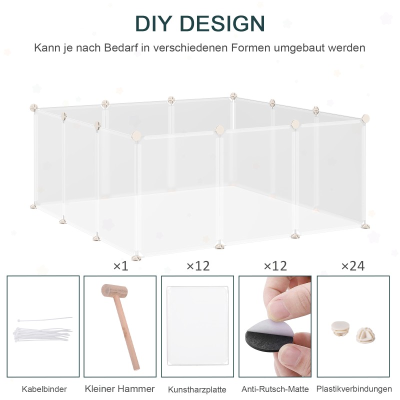 Pieneläinaitaus sisäkäyttöön, metallia ja PP-hartsia, 12 paneelia, 105 x 105 x 45 cm, valkoinen