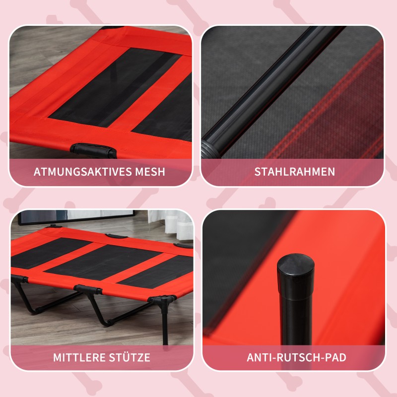 Taitettava korotettu koiranpeti ulkokäyttöön, metalli, 122 x 92 x 23 cm, punainen/musta