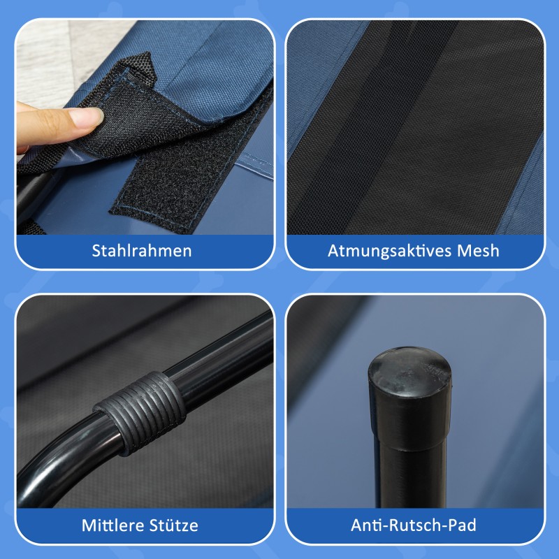 Korotettu ulkoilmakoiransänky, metallirunko, kokoontaitettava, 122 x 92 x 23 cm, tummansininen/musta