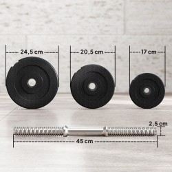 Säädettävä käsipainosetti 40 kg, 2 metallitankoa ja 12 lattiaa säästävää levypainoa, musta