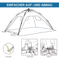 Pop up -rantateltta kahdelle, lasikuiturunko, hiekkataskut ja verkkoikkunat, sininen-harmaa