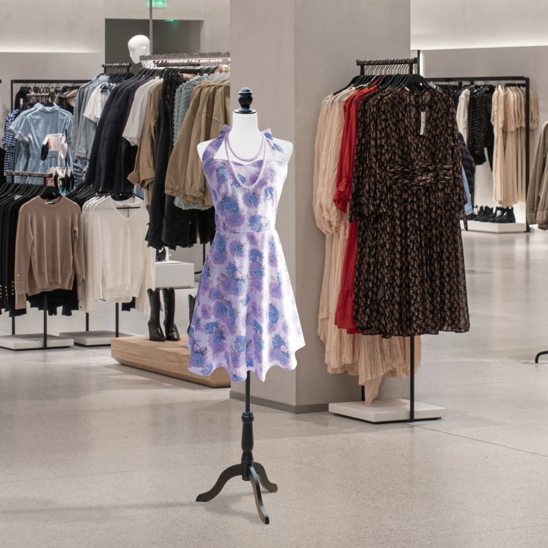 Naisten säädettävä vaatetorso kolmijalkaisella jalustalla, vaahtomuovi, valkoinen