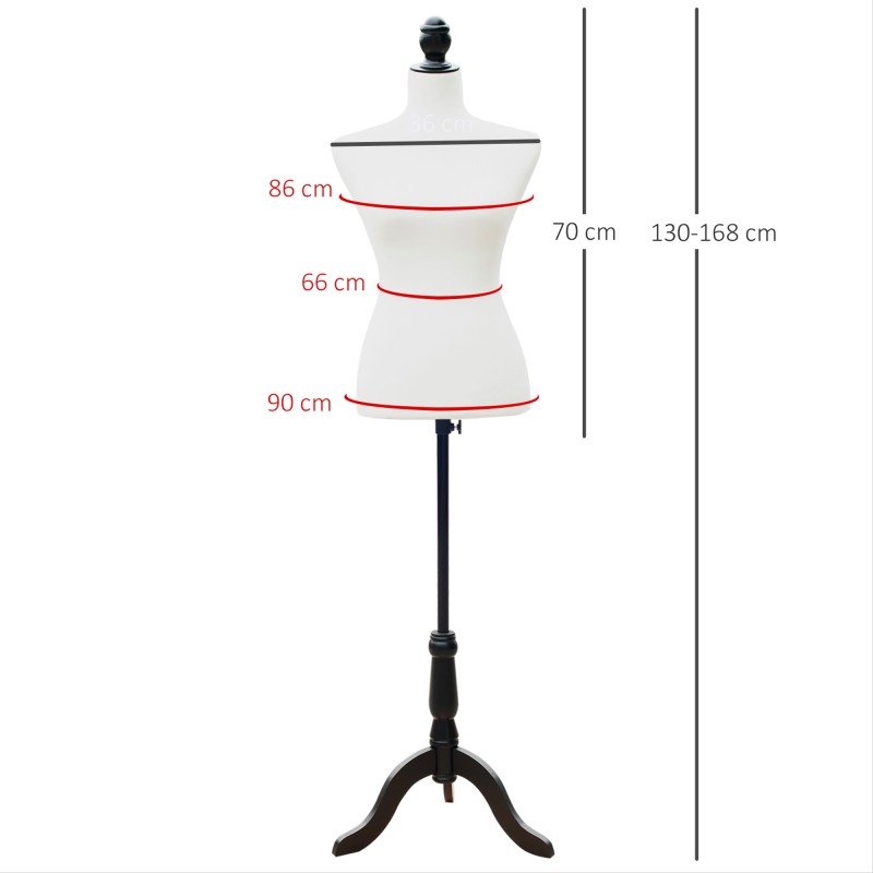 Naisten säädettävä vaatetorso kolmijalkaisella jalustalla, vaahtomuovi, valkoinen