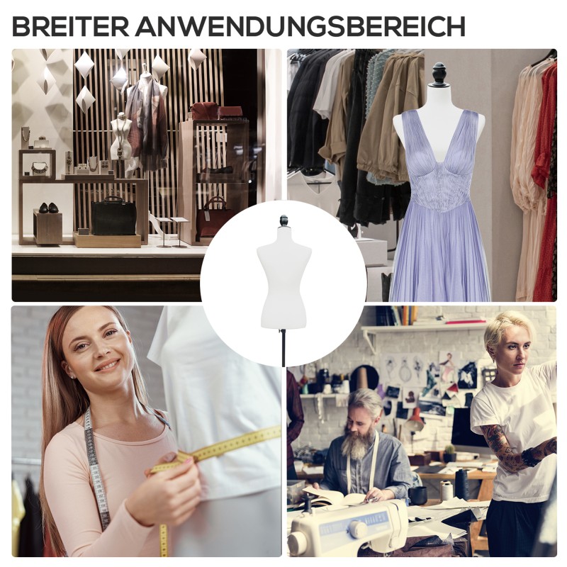 Naisten säädettävä vaatetorso kolmijalkaisella jalustalla, vaahtomuovi, valkoinen