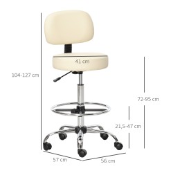 Baarituoli pyörillä ja selkänojalla, korkeussäädettävä keinonahka, beige 56 x 57 x 104–127 cm