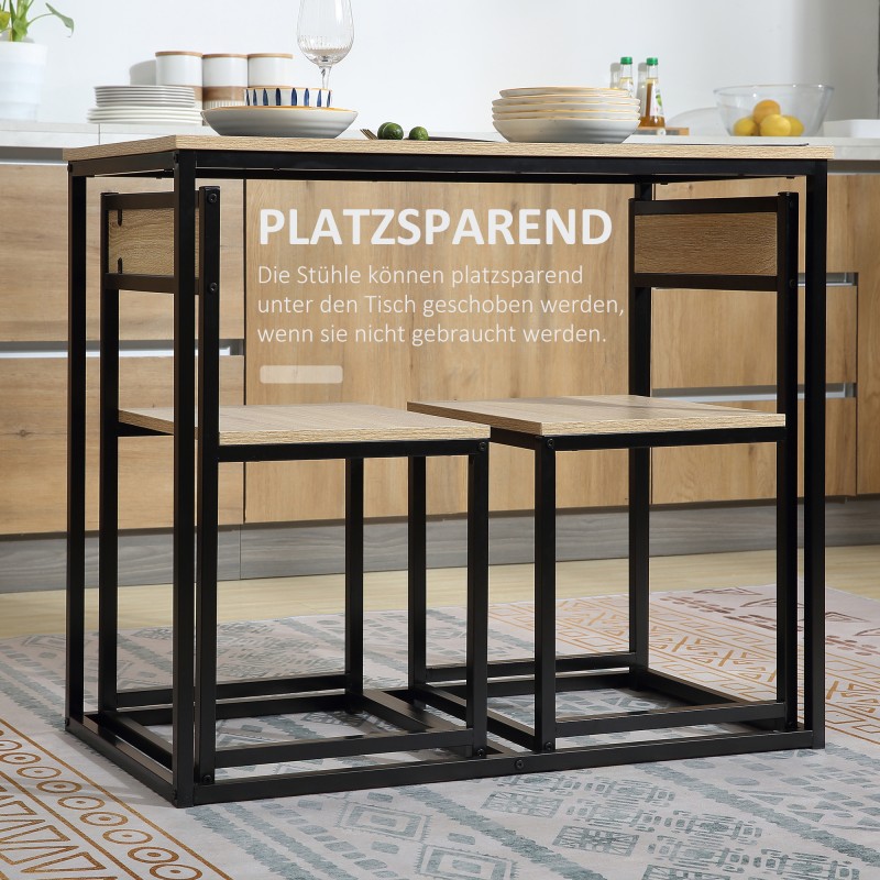 Ruokailuryhmä 2 hengelle, pöytä ja 2 tuolia, metalli ja tammi, pieniinkin tiloihin