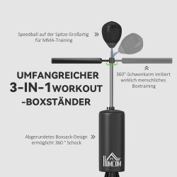 Seisova nyrkkeilysäkki aikuisille nopeuspallolla ja 360° refleksivarrella 155–205 cm, musta