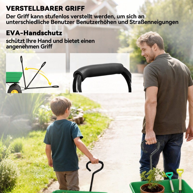 Puutarhavaunu kippitoiminnolla 75 L 200 kg teräsrunko ja muovisäiliö tummanvihreä