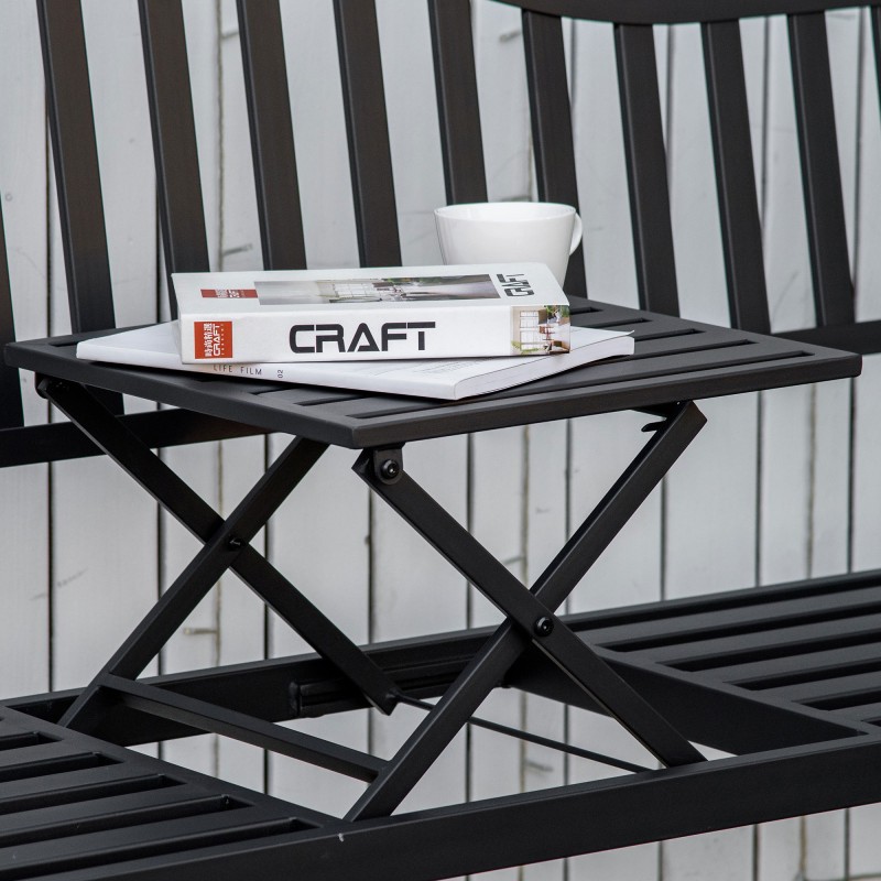 Puutarhapenkki 2–3 hengelle ulkokäyttöön metallia 150 x 58,5 x 90 cm musta, ulosvedettävällä pöytätasolla