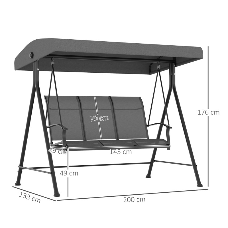 Puutarhakeinu 3 hengelle säädettävällä aurinkokatoksella 200x133x176 cm tummanharmaa