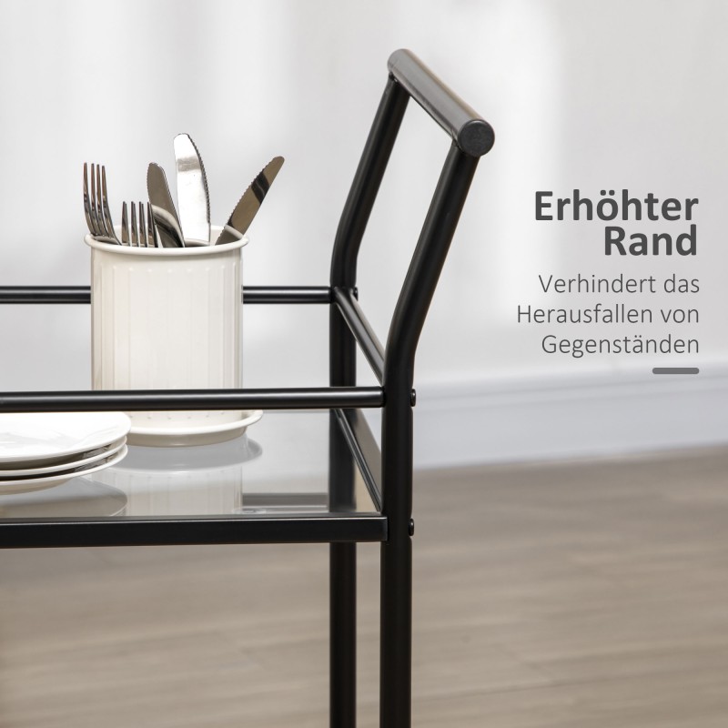 Tarjoilu- ja keittiövaunu pyörillä, 2 lasihyllyä, metalli, 75 x 40 x 80 cm, musta