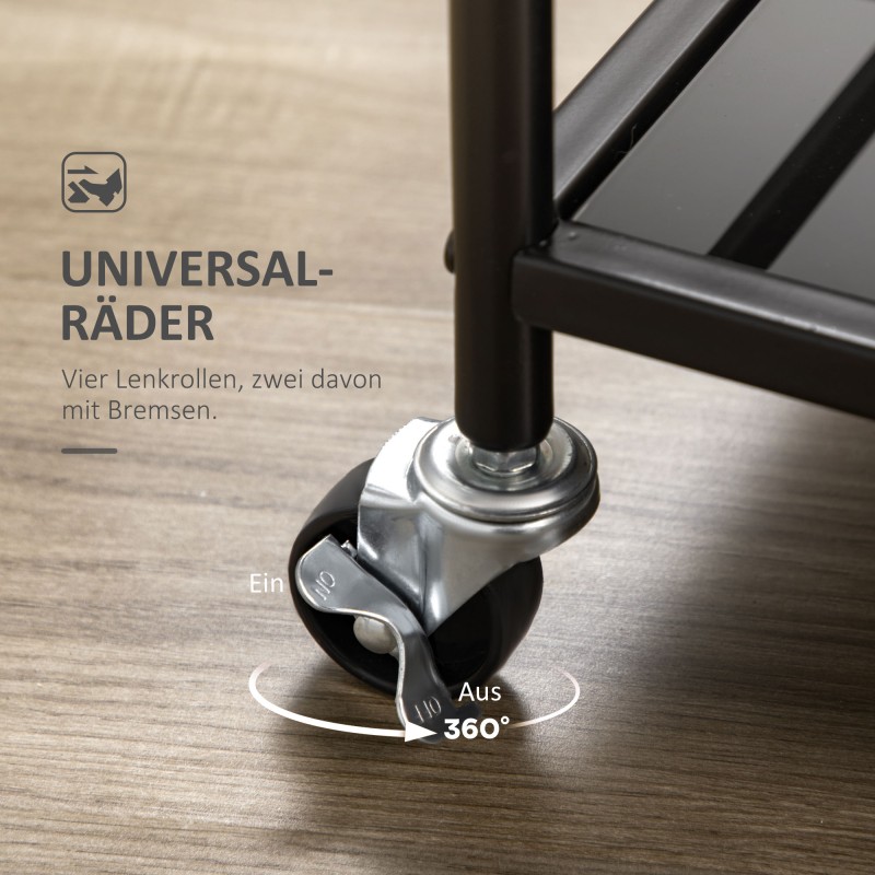 Tarjoilu- ja keittiövaunu pyörillä, 2 lasihyllyä, metalli, 75 x 40 x 80 cm, musta