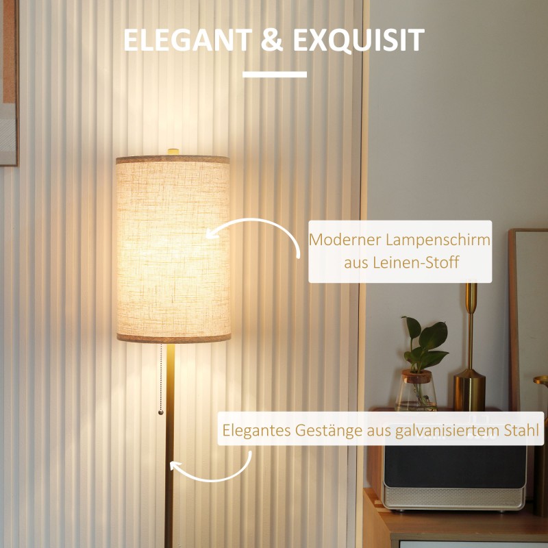 Lattialamppu olohuoneeseen, teräsrunko ja pellavavarjostin, E27, kulta ja kermanvalkoinen