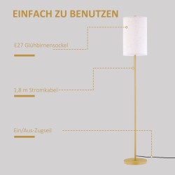 Lattialamppu olohuoneeseen, teräsrunko ja pellavavarjostin, E27, kulta ja kermanvalkoinen