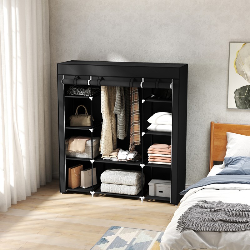 Kankainen vaatekaappi vlies-kankaasta, 1 vaatetanko ja 10 hyllyä, 150 x 43 x 162,5 cm, musta