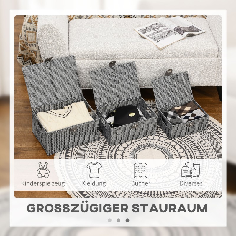 Säilytyskorit kannella PE-rottinkia 3 kpl setti 35,5 x 28,5 x 18 cm harmaa