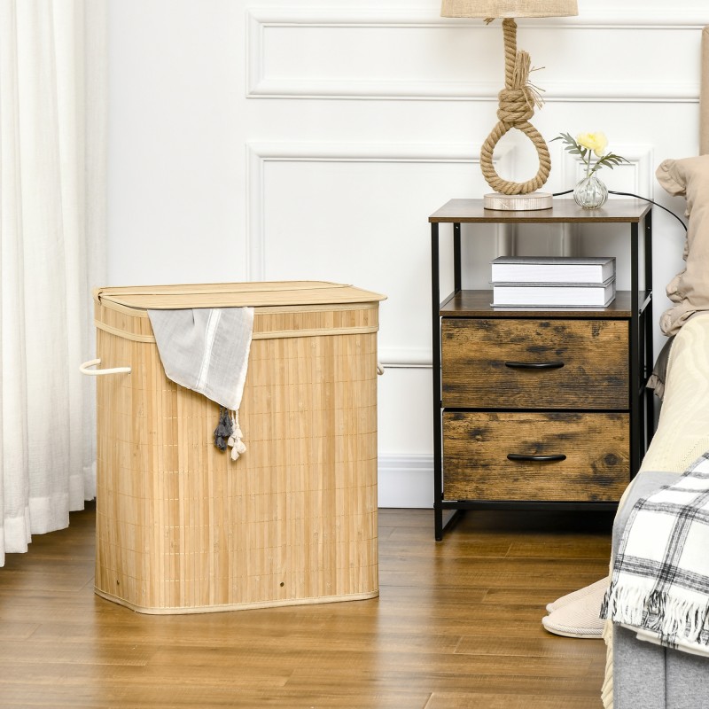 Pyykkikori bambu 90 L, taitettava kaksiosainen, irrotettava sisäpussi ja kansi, luonnonvärinen