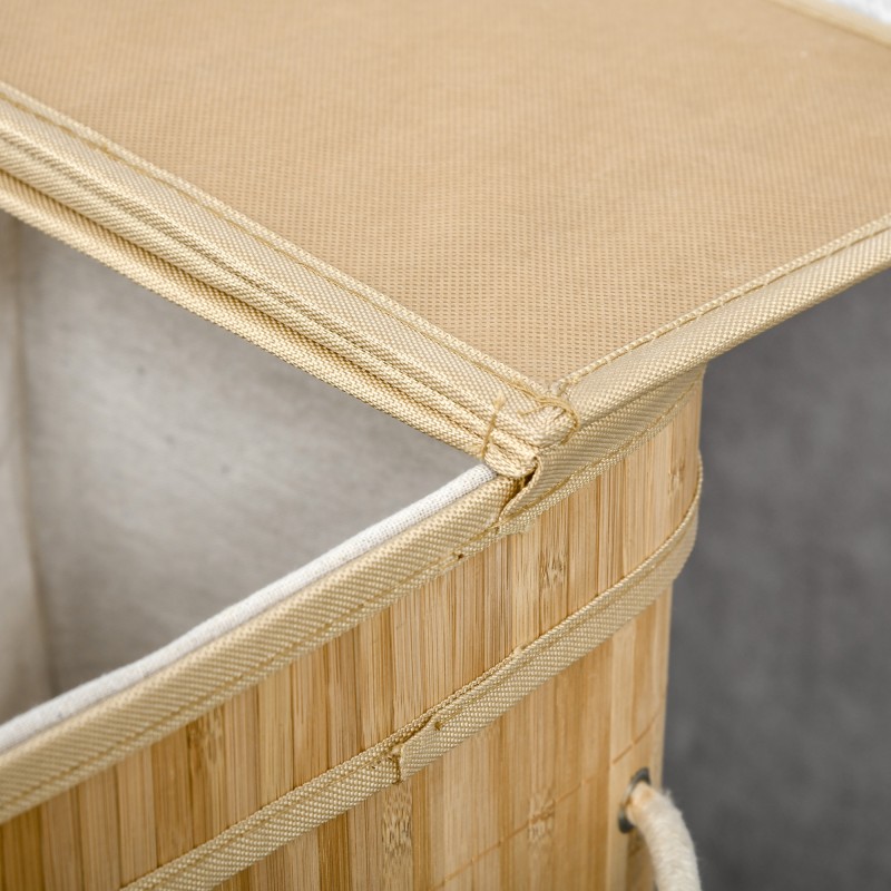 Pyykkikori bambu 90 L, taitettava kaksiosainen, irrotettava sisäpussi ja kansi, luonnonvärinen
