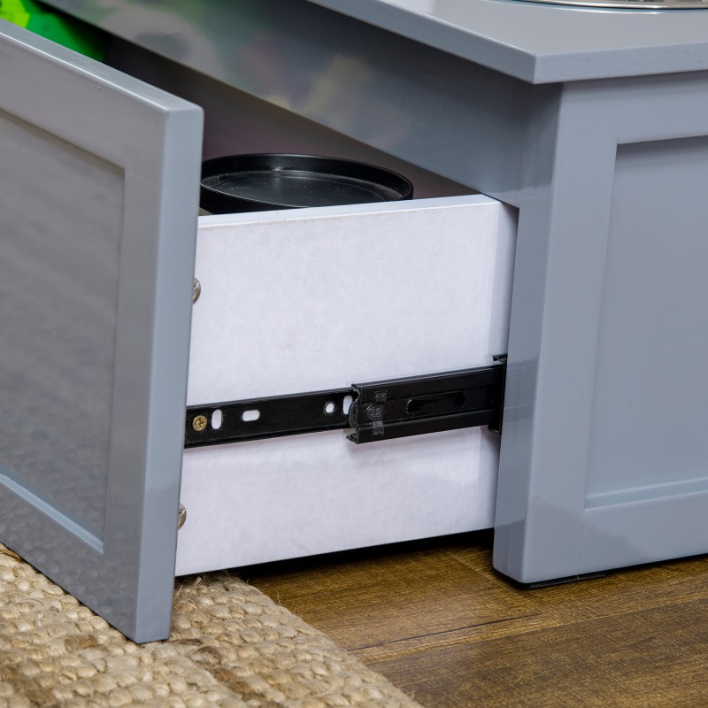 Koiran ruokintapiste keskikokoisille koirille, 2x2 l teräskuppia ja laatikko, harmaa 60 x 30 x 24 cm