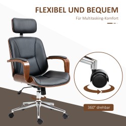 Ergonominen työtuoli kotitoimistoon, keinonahka ja koivuviilu, korkea selkänoja, irrotettava niskatuki, musta+pähkinä